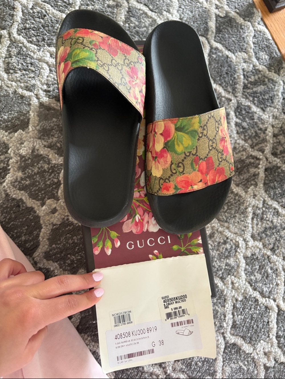 Gucci Black Slide Sandals with Floral GG Canvas Straps